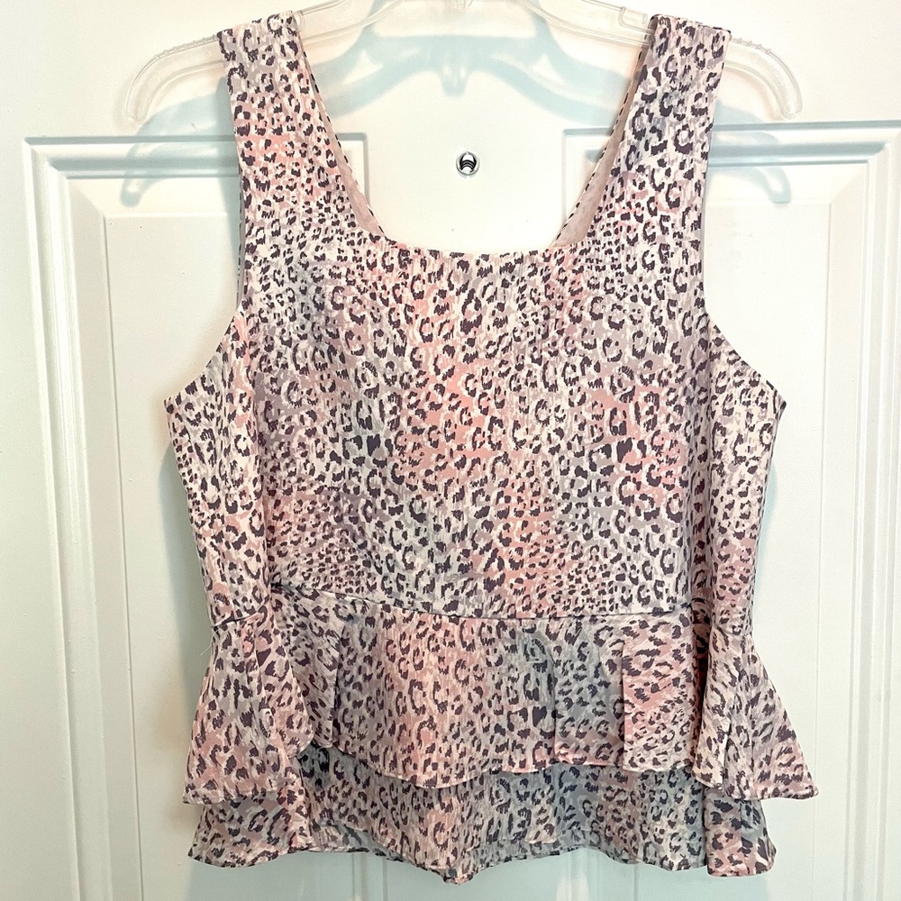 Rebecca Taylor Pink Leopard Print Ruffle Sleeveless Waist Length Top Size 6